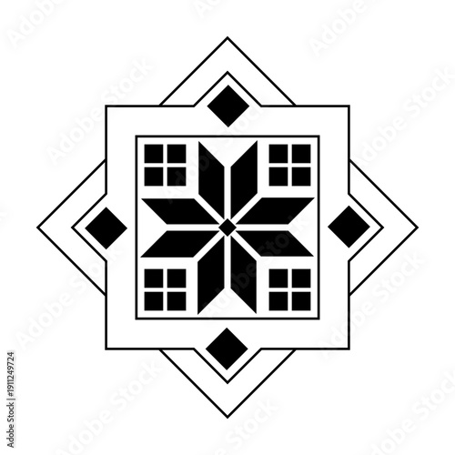 A symmetrical black geometric ornamental pattern with floral and square motifs arranged inside layered diamond shapes on a light background