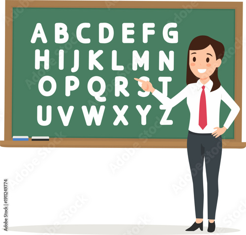 Teacher pointing at a blackboard with ABC letters. Flat vector illustration for primary education and back to school concept.