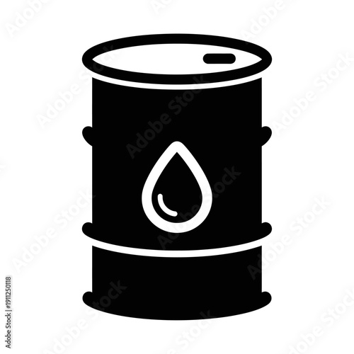 Black Oil Barrel with a Droplet Symbol, Representing Crude Oil and Energy Industry on an Isolated White Background