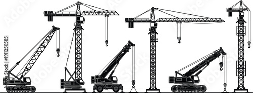 Construction crane silhouettes set, industrial tower cranes and mobile crawler cranes for building projects, heavy machinery isolated black vector icons
