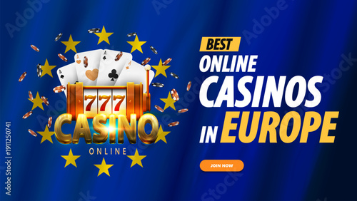 Best online casinos in Europe, banner with a flag of Europe, slot machine, poker chips and playing cards