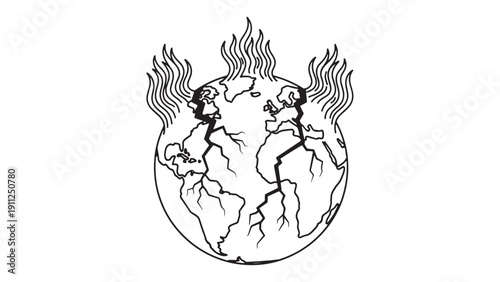 Burning Globe with Cracks and Flames, Environmental Crisis Illustration Highlighting Climate Impact, Global Risk and Economic Loss