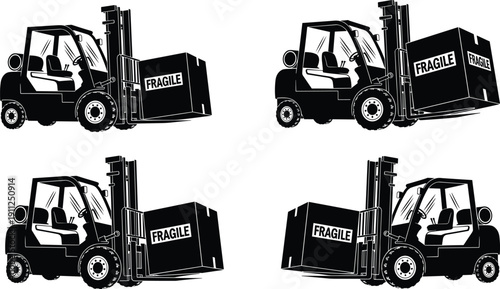 Forklift truck silhouette lifting fragile cargo box, industrial warehouse logistics transport, forklift operator machinery set, shipping and delivery distribution vector icon.
