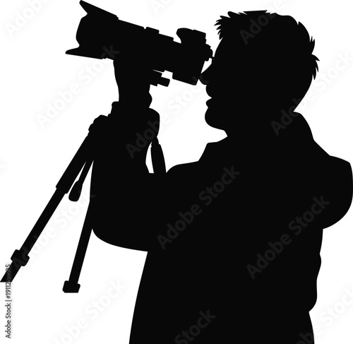 Astronomer silhouette using telescope on tripod observing sky astronomy research stargazing exploration space science observer night scientific illustration graphic