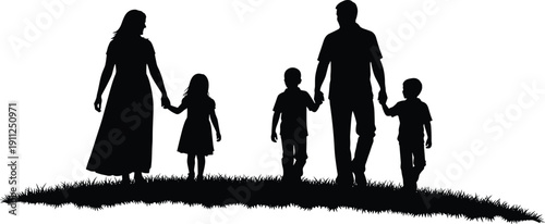 Happy, family, silhouette, walking, on, grass, holding, hands, parents, with, three, children, outdoor, nature, park, sunset, summer, vector, illustration, isolated,
