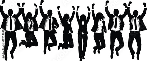 Large group of happy business people jumping for joy, celebrating success together, black vector silhouette isolated on white background.