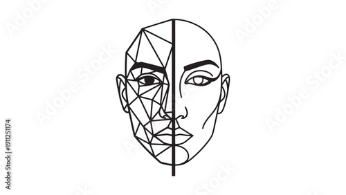 Geometric Half Face Portrait, Abstract Low Poly and Realistic Human Face Split Illustration for Art Direction and Editorial Design