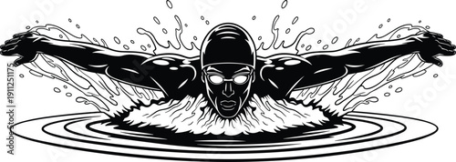 Professional male swimmer performing butterfly stroke in pool, muscular athlete swimming with water splash, isolated black and white sports vector illustration