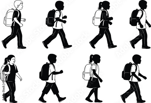 Set of school children silhouettes walking with backpacks, black and white vector illustration for education, isolated on white background, pupils.