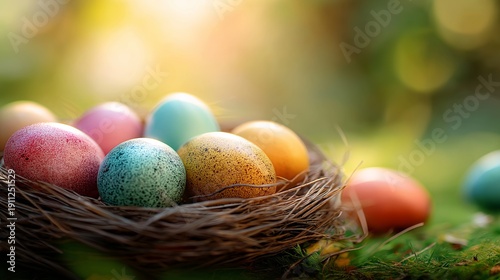 Colorful Easter eggs nesting on spring grass with sunshine wallpaper. Speckled colorful eggs resting in a bird nest on green moss with bright sunlight