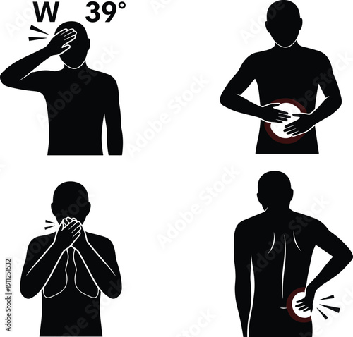 Set of sick man silhouettes depicting fever, stomach ache, coughing and back pain symptoms, medical vector illustration on white background.