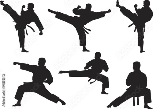 Martial arts karate silhouettes set, fighters performing kicks punches poses, combat sport training action figures isolated black illustration collection