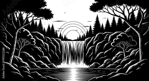 Dramatic monochrome illustration of a waterfall cascading into a tranquil pool, framed by a dense forest silhouette at sunset or sunrise.