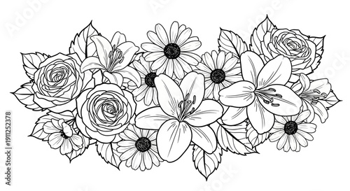 Elegant black and white line art floral arrangement with roses, lilies, and daisies. Flower outline vector for coloring, border, or decoration.