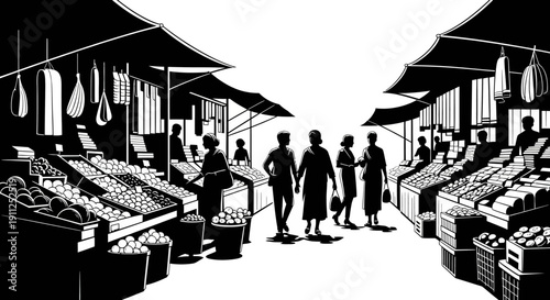 Graphic black and white illustration of a bustling open-air market with people shopping at various stalls filled with goods and produce.