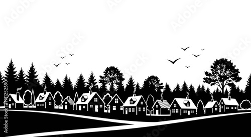 Charming village silhouette with houses, trees, and flying birds in a serene rural landscape - black and white illustration