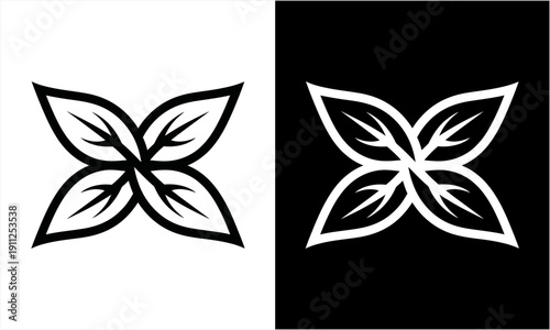 Stylized Four-Leaf Clover or Butterfly Logo Design in Black and White.