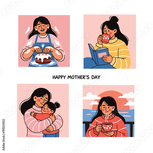 Illustration of Mother with Child Various Scenes.