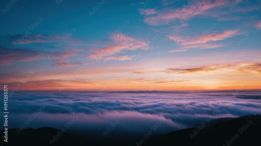 Obraz premium Dramatic clouds at sunset above fog layer