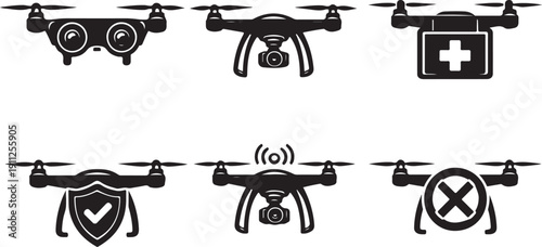 Drone vector icon set: camera, medical, security, signal, and forbidden symbols, black and white, isolated on white