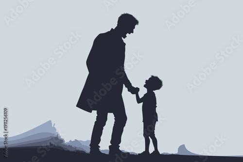 Father silhouette yelling at scared son, family authority fear silhouette illustration