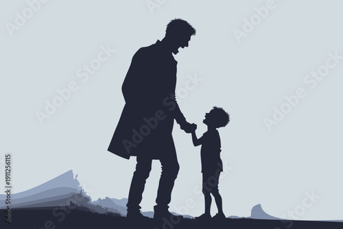 Father silhouette yelling at scared son, family authority fear silhouette illustration