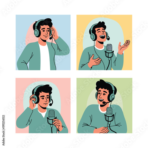 Man Wearing Headphones Speaking into Microphone.