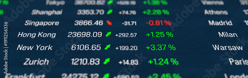 Tableau sur toile Close-up financial markets screen with global stock index data, trading board