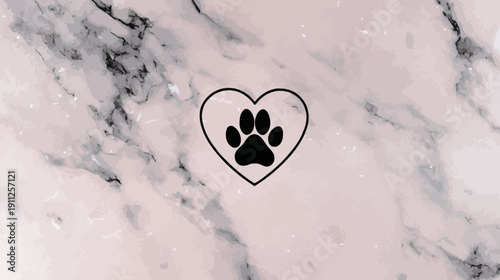 Adorable black paw print in a heart outline, symbolizing pet love and animal companionship on an elegant pink marble background.