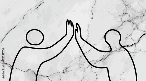 Abstract outline figures giving a high-five on a modern white marble background, symbolizing teamwork, success, partnership, and celebration.