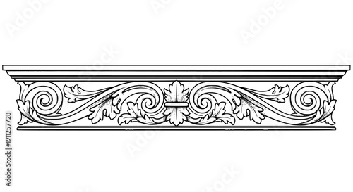 Detailed classical acanthus leaf scroll molding design element featuring elegant architectural ornamentation and symmetrical baroque flourishes for digital use