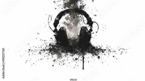 Artistic grunge headphones with black ink splatter and paint drops on a clean white background, symbolizing music and audio creativity.