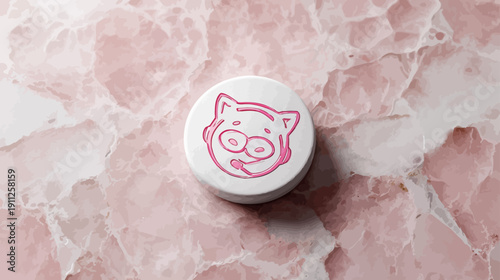 White round pill with a cute pink cartoon animal face on a subtle pink marble background. Playful medicine, health, and wellness.