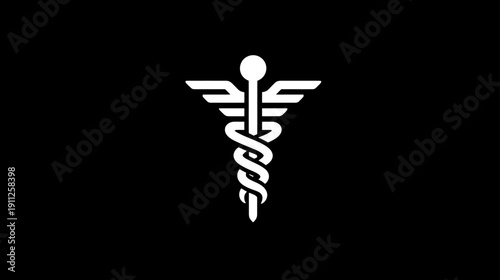 Clean white Caduceus medical symbol on a black background, representing healthcare, medicine, doctors, and well-being
