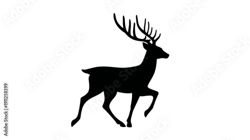 Black silhouette of a majestic deer with large antlers walking, isolated on white. Elegant stag or buck graphic.