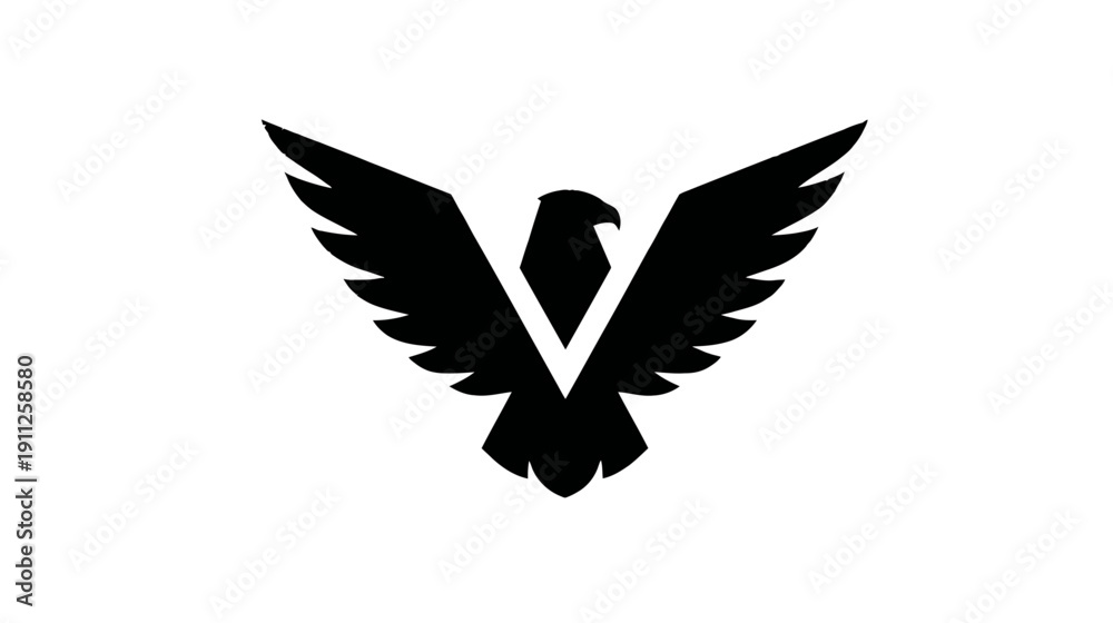 Obraz premium Black eagle or hawk silhouette with spread wings forming the letter V, a powerful minimalist vector logo icon isolated on white.