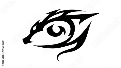 Stylized dragon head graphic with abstract tribal eye design in black and white, fantasy beast icon, mythical creature symbol