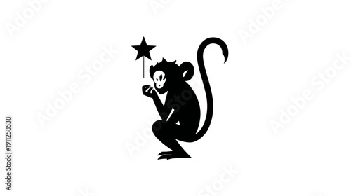Stylized black silhouette of a curious monkey looking at a glowing star above its hand. Graphic vector illustration.