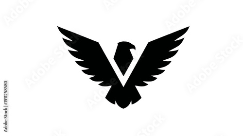 Black eagle or hawk silhouette with spread wings forming the letter V, a powerful minimalist vector logo icon isolated on white.