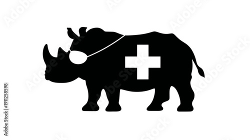 Rhinoceros silhouette wearing a protective face mask with a medical cross, symbolizing animal health, protection, and pandemic awareness.
