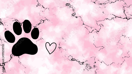 Cute Black Paw Print and Heart on Pink Marble Background. Pet Love Theme with Textured Surface for Design.