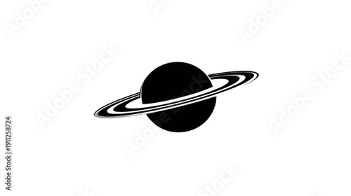Minimalist Black Planet with Rings Icon on White Background - Abstract Space Astronomy Graphic Design Element