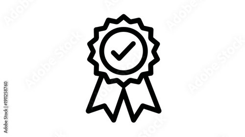 Outline rosette award badge icon with check mark, symbolizing quality, approval, guarantee, and success