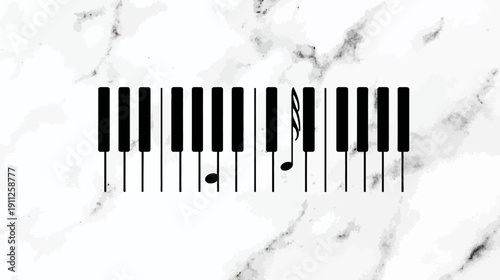 Elegant minimalist graphic of piano keys and musical notes on a luxurious white marble background, symbolizing music, melody, and harmony.