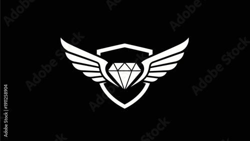Premium diamond with wings and shield logo icon. Luxury quality security symbol graphic element. Vector illustration on black.