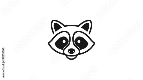 Minimalist black and white line art illustration of a cute raccoon face icon, modern vector graphic design element with mask details