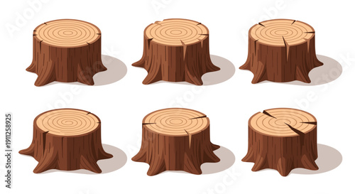 A set of six tree stumps in various stages of cut and cracked in a flat vector illustration