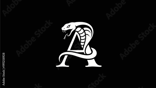 Aggressive cobra snake wrapped around a stylized capital letter A, white graphic design on a black background, powerful animal symbol