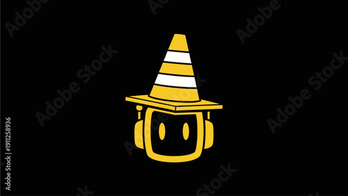Cool robot character icon with a yellow traffic cone hat and headphones on a black background, minimalist vector design