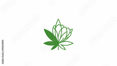 Green cannabis leaf and stylized botanical flower illustration. Minimalist vector graphic for natural health and wellness design.